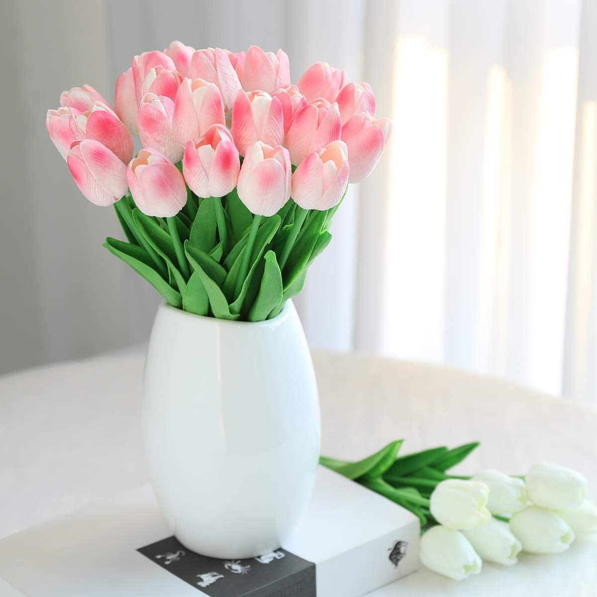 30Pcs Artificial Latex Tulips Flowers Faux Tulip Stems PU Real Touch Tulips for Wedding Party Home Decoration (Pink)