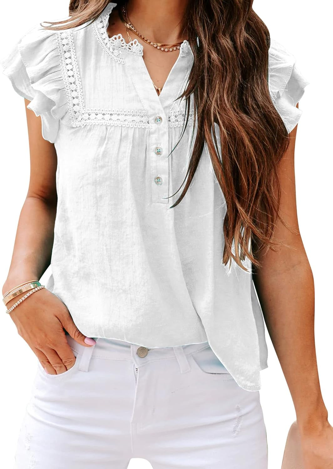 PRETTODAY Women'S V Neck Lace Crochet Shirts Button down Short Sleeve Casual Blouse Tops