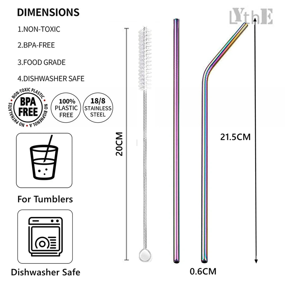 Rainbow Color Reusable Metal Straws Set with Cleaner Brush 304 Stainless Steel Drinking Straw