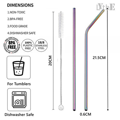 Rainbow Color Reusable Metal Straws Set with Cleaner Brush 304 Stainless Steel Drinking Straw