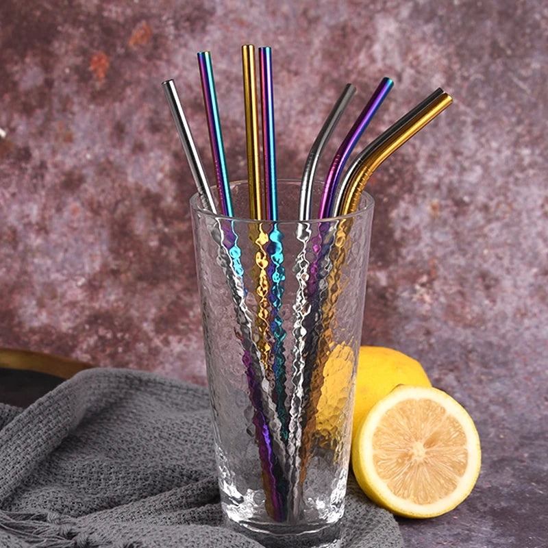 Rainbow Color Reusable Metal Straws Set with Cleaner Brush 304 Stainless Steel Drinking Straw
