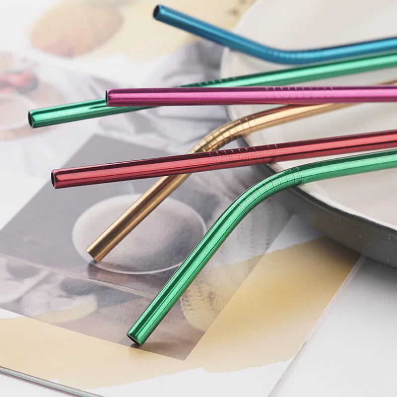 Rainbow Color Reusable Metal Straws Set with Cleaner Brush 304 Stainless Steel Drinking Straw