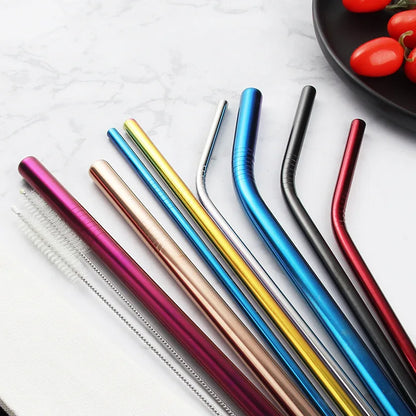 Rainbow Color Reusable Metal Straws Set with Cleaner Brush 304 Stainless Steel Drinking Straw