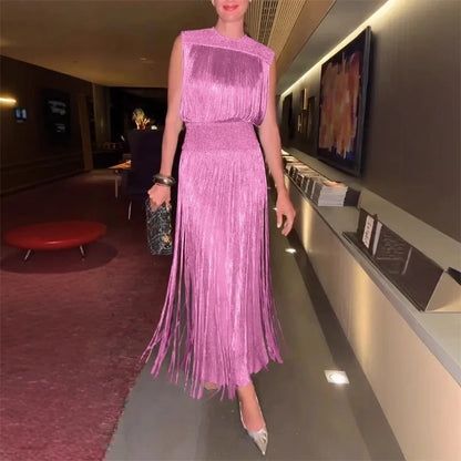 Elegant Vintage Sequin Tassel Evening Dress for Women - Sleeveless O-Neck High Waist Long Gown for Chic Parties 2025