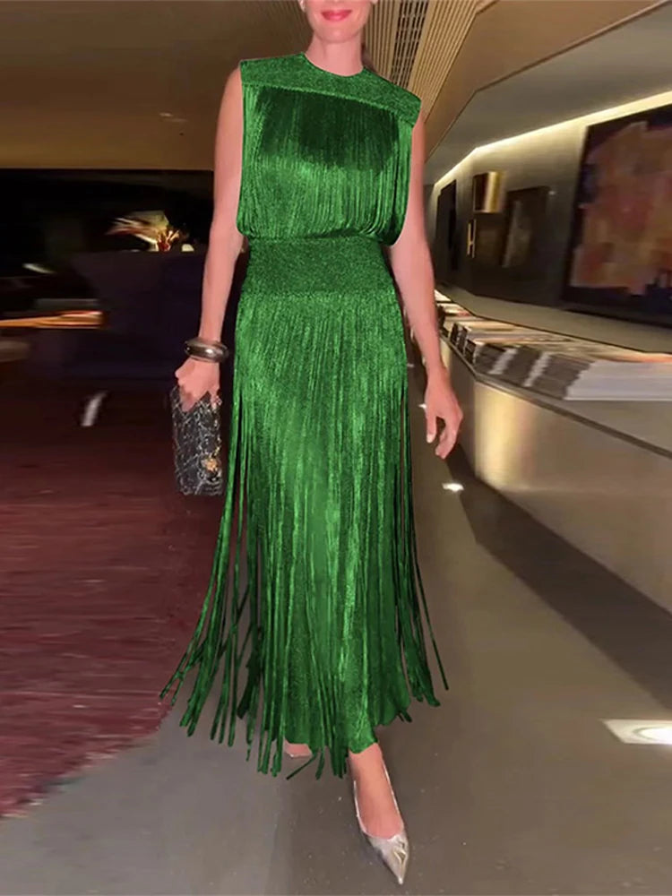 Elegant Vintage Sequin Tassel Evening Dress for Women - Sleeveless O-Neck High Waist Long Gown for Chic Parties 2025