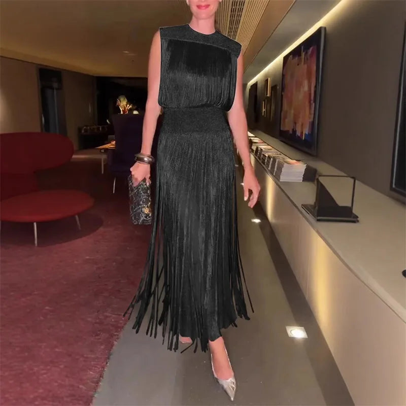 Elegant Vintage Sequin Tassel Evening Dress for Women - Sleeveless O-Neck High Waist Long Gown for Chic Parties 2025