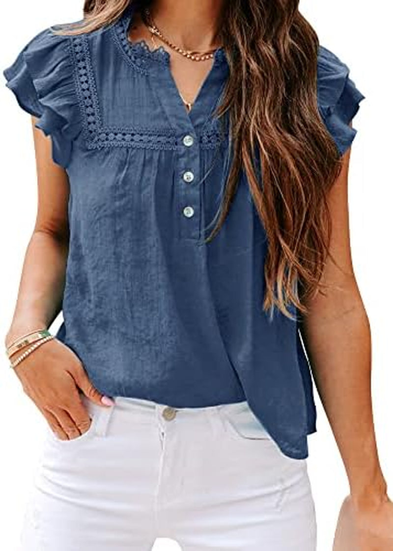 PRETTODAY Women'S V Neck Lace Crochet Shirts Button down Short Sleeve Casual Blouse Tops