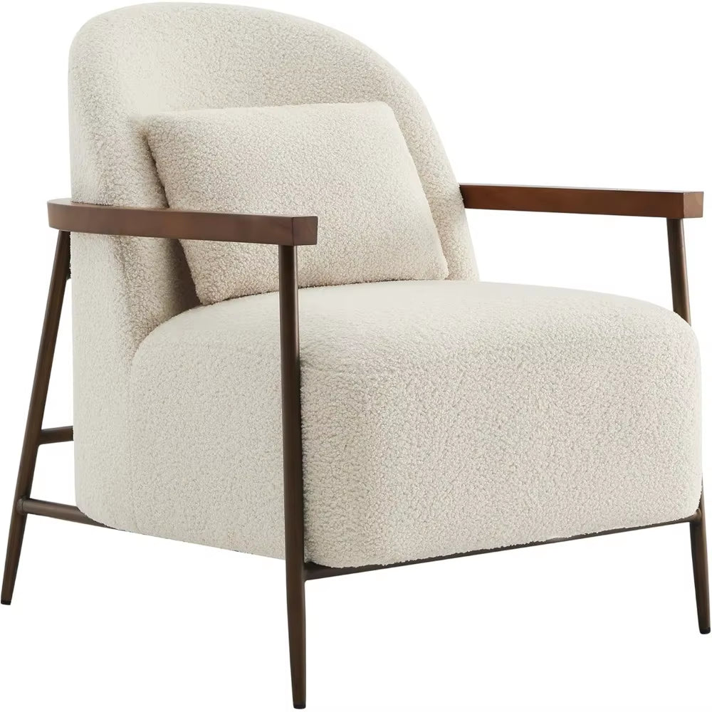Accent Chair for Living Room, FSC Certified Modern Upholstered Faux Sherpa Fabric Armchair with Metal Frame and Wooden Armrests
