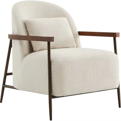 Accent Chair for Living Room, FSC Certified Modern Upholstered Faux Sherpa Fabric Armchair with Metal Frame and Wooden Armrests