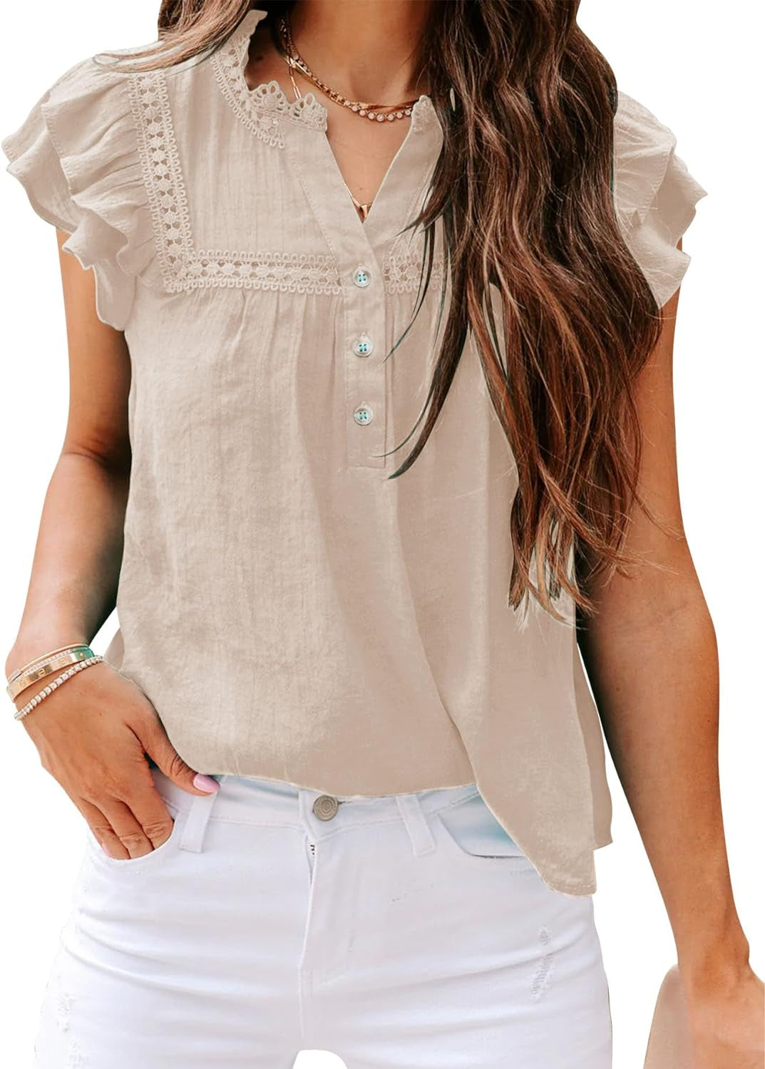 PRETTODAY Women'S V Neck Lace Crochet Shirts Button down Short Sleeve Casual Blouse Tops