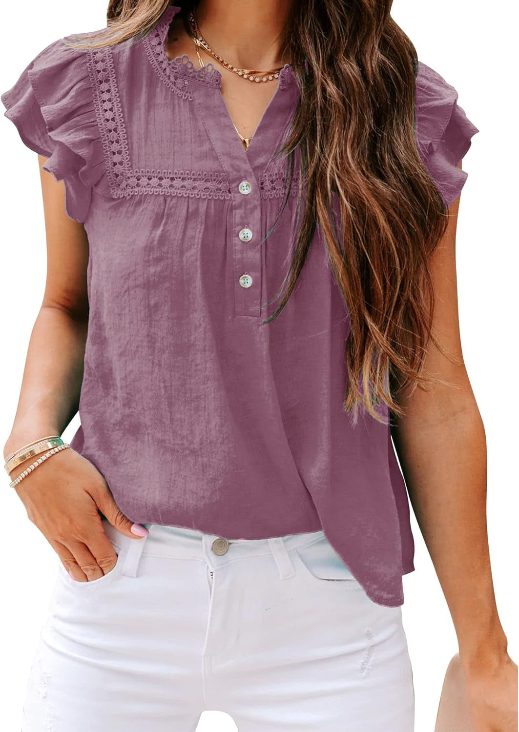 PRETTODAY Women'S V Neck Lace Crochet Shirts Button down Short Sleeve Casual Blouse Tops