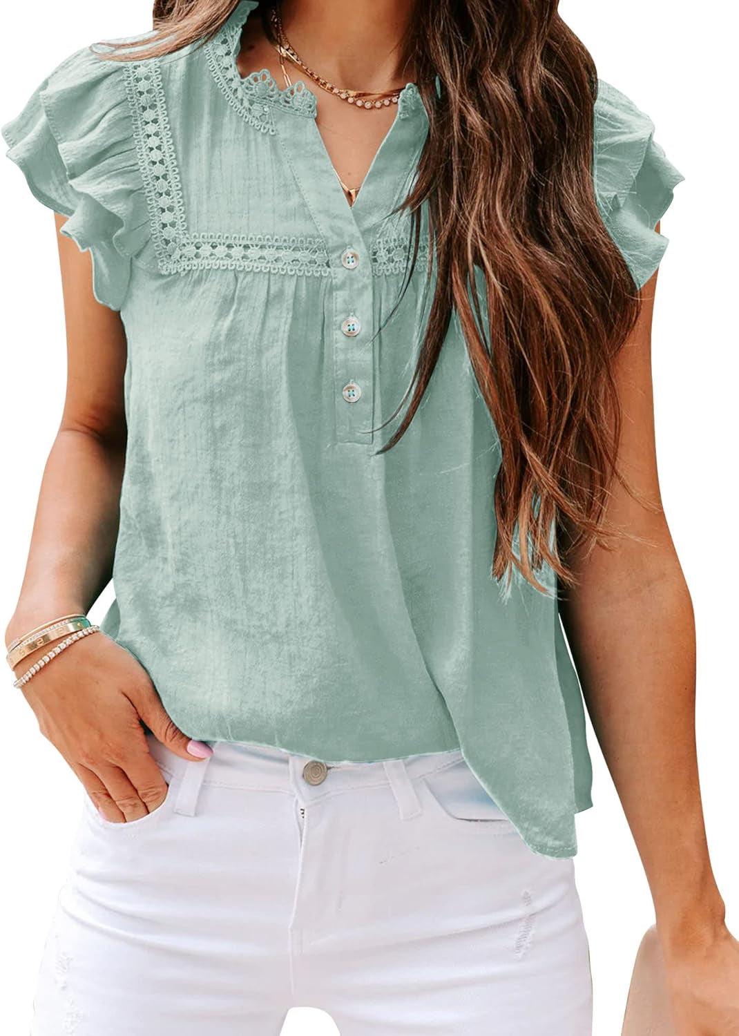 PRETTODAY Women'S V Neck Lace Crochet Shirts Button down Short Sleeve Casual Blouse Tops